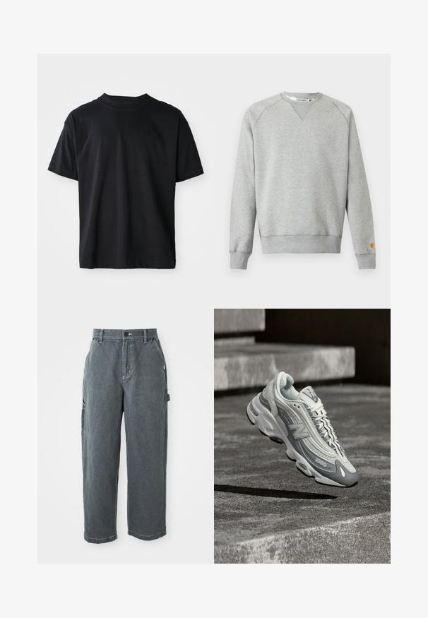 Lichtgrijze crewneck sweater met lange mouwen, geribde manchetten en zoom, en een klein logoplaatje op de linkermouwmanchet.; Zwarte crewneck t-shirt gemaakt van katoen. Korte mouwen, standaard pasvorm, geen zichtbare patronen, minimalistisch ontwerp met een subtiele logo-detail.; Donkergrijze rechte werkbroek met riemlussen, een voorste knoop en rits, zijzakken en een hamerlus op het rechterbeen.; Witte en grijze New Balance 1000 sneaker zwevend boven een betonnen oppervlak met trappen op de achtergrond.
