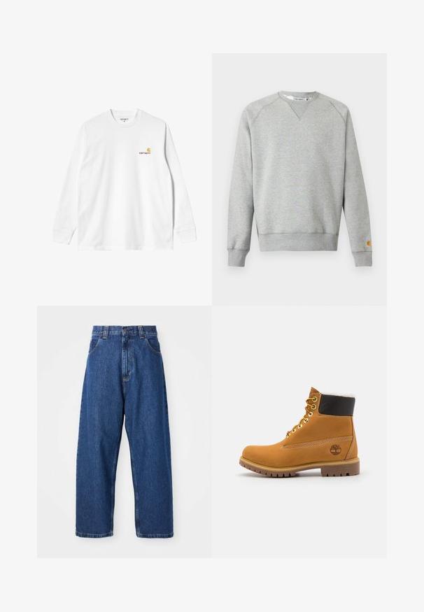 Sudadera gris claro con cuello redondo, mangas largas, puños y dobladillo acanalados, y pequeño parche con logo en el puño de la manga izquierda.; Camiseta blanca de algodón de manga larga con cuello redondo, que presenta un pequeño logo amarillo y burdeos en el lado izquierdo del pecho. Puños y dobladillo sin costuras.; Jeans de pierna ancha de denim en azul oscuro. Presentan una cintura alta, trabillas para cinturón y un diseño clásico de cinco bolsillos. Bajo cosido con un acabado limpio.; Botín de cuero marrón con ojales de metal, forro de piel sintética blanca, cuello acolchado negro, suela resistente y logotipo en relieve en el costado.