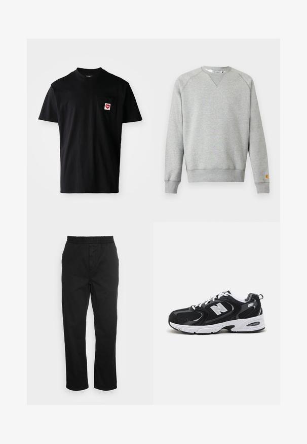 Lysegrå crewneck sweatshir t med lange ærmer, ribbede manchetter og kant, samt lille logo patch på venstre ærmekant.; Sort bomulds t-shirt med rund halsudskæring, korte ærmer og en venstre brystlomme med et rødt hjertepude og hvid tekst.; Sorte bomuldsbukser med elastisk talje, lige ben og sidelommer. Glat tekstur uden mønstre eller accenter.; Sorte og grå sportssko med mesh og ruskind på overdelen, der har en hvid mellemsål, snørebånd og et iøjnefaldende "N" logo på siden.