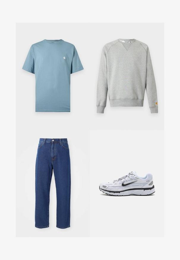 Sudadera gris claro con cuello redondo, mangas largas, puños y dobladillo acanalados, y pequeño parche con logo en el puño de la manga izquierda.; Camiseta azul claro de manga corta con cuello redondo y un pequeño logo blanco en el pecho izquierdo, mostrada sobre un fondo liso.; Vaqueros de tiro alto de algodón, con una silueta de pierna recta, costuras visibles y un cierre de botón en la parte delantera.; Zapatilla de running blanca con parte superior de malla, punta redondeada, acentos negros y una suela con patrón. Presenta cordones y una marca en el lateral.