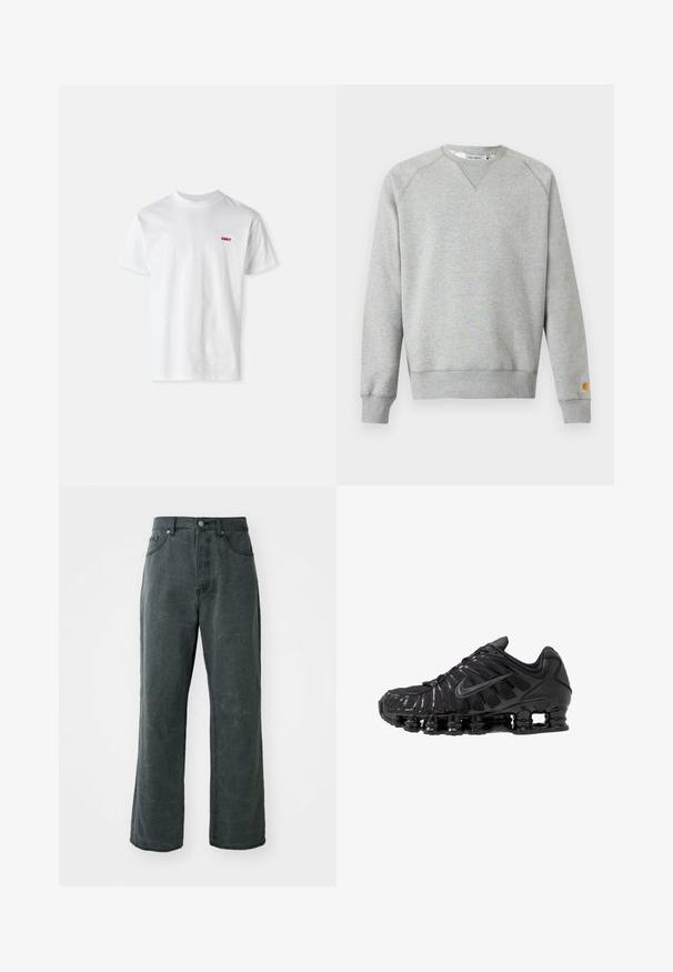 Lichtgrijze crewneck sweater met lange mouwen, geribde manchetten en zoom, en een klein logoplaatje op de linkermouwmanchet.; Witte katoenen t-shirt met een ronde hals en korte mouwen, voorzien van een klein rood "OBEY" logo op de linkerborst.; Wijdvallende donkergrijze spijkerbroek van denim, met een hoge taille, vijf-pocket ontwerp en een subtiele versleten textuur.; Zwarte sportschoenen gemaakt van mesh en synthetische materialen, met een opvallend golvend ontwerp, zwarte rubberen zool en reflecterende accenten.
