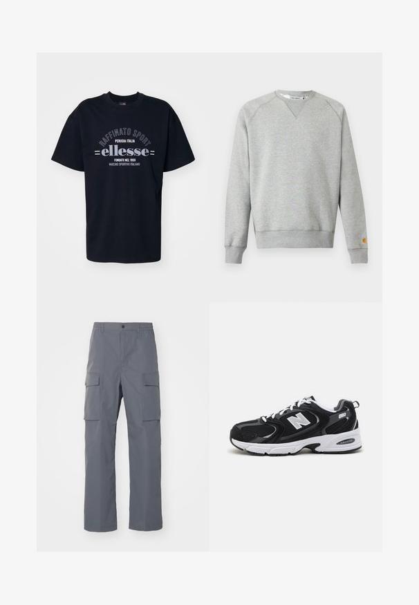 Lichtgrijze crewneck sweater met lange mouwen, geribde manchetten en zoom, en een klein logoplaatje op de linkermouwmanchet.; Zwarte katoenen t-shirt met een ronde hals. Voorzien van witte bedrukte tekst "Raffinato Sport" en "ellesse" met vintage details.; Grijze cargobroek van duurzaam materiaal. Kenmerken zijn een elastische tailleband, twee grote zijzakken en een rechte pijp.; Zwarte en grijze sport schoenen met een bovenwerk van mesh en suede, voorzien van een witte tussenzool, veters en een gedurfde "N"-logo aan de zijkant.