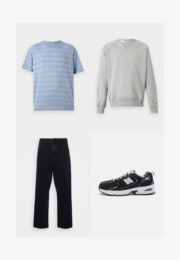Sudadera gris claro con cuello redondo, mangas largas, puños y dobladillo acanalados, y pequeño parche con logo en el puño de la manga izquierda.; Camiseta de rayas azul clara con rayas horizontales blancas, cuello redondo y un pequeño logo rosa en el lado izquierdo del pecho. Tejido de algodón suave.; Pantalones de mezclilla negros con un diseño de pierna recta, que cuentan con un cierre de botón y cremallera, presillas para cinturón y detalles de costura mínimos.; Zapatillas deportivas en negro y gris con parte superior de malla y ante, que cuentan con una entresuela blanca, cordones y un llamativo logo "N" en el lateral.
