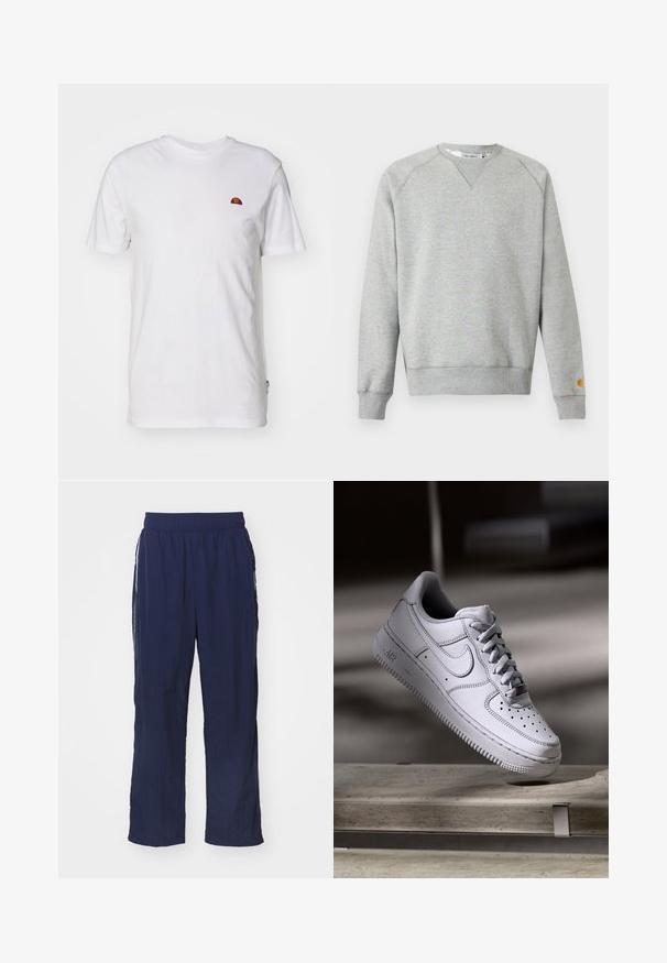 Sweat-shirt gris clair à col rond, manches longues, poignets et ourlet côtelés, avec une petite étiquette logo sur le poignet de la manche gauche.; T-shirt blanc uni à manches courtes avec un petit logo en demi-cercle rouge et orange sur la partie supérieure gauche de la poitrine.; Pantalons légers bleu marine avec une taille élastique, coupe décontractée, poches latérales et rayures blanches contrastantes sur les côtés.; La basket Nike Air Force 1 en cuir blanc présente un embout perforé, des lacets plats et une semelle en caoutchouc texturée avec le logo « AIR » sur le côté.