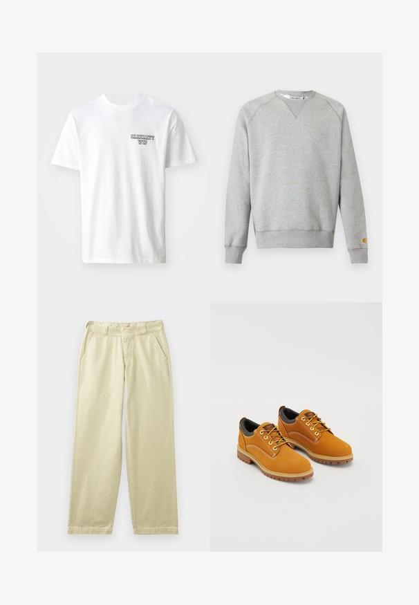 Sweat-shirt gris clair à col rond, manches longues, poignets et ourlet côtelés, avec une petite étiquette logo sur le poignet de la manche gauche.; T-shirt en coton blanc avec un col rond. Présente un petit logo en texte bleu "CARHARTT WIP" sur la poitrine gauche. Coupe classique, manches courtes.; Pantalon en coton beige à coupe décontractée, avec poches latérales, passants pour ceinture et jambes droites. Texture lisse avec des détails de couture minimaux.; Chaussures en daim marron avec un bout rond, des lacets jaunes, un col rembourré noir et des semelles en caoutchouc avec des rainures de traction.