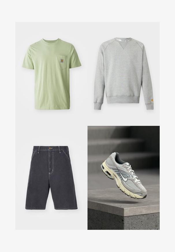 Helehall hall crewneck-tüüpne dressipluus pikkade varrukate ja soonikkoes mansettidega ning väike logoga tahvel vasaku varruka mansetil.; Hele roheline lühikese varrukaga t-särk, mis on valmistatud pehmest kangast ja millel on rindade tasku ruudukujulise logoplaadiga. Lihtne, kaunistusteta disain.; Tumedat hallid teksatšortsid, millel on mugav lõige, nööbikinnitus, vöökohad ja diskreetne valge õmblus. Taskud puuduvad.; Hall ja valge Nike jooksujalats, millel on polsterdatud tald, hõljumas betoonastme kohal väljas.