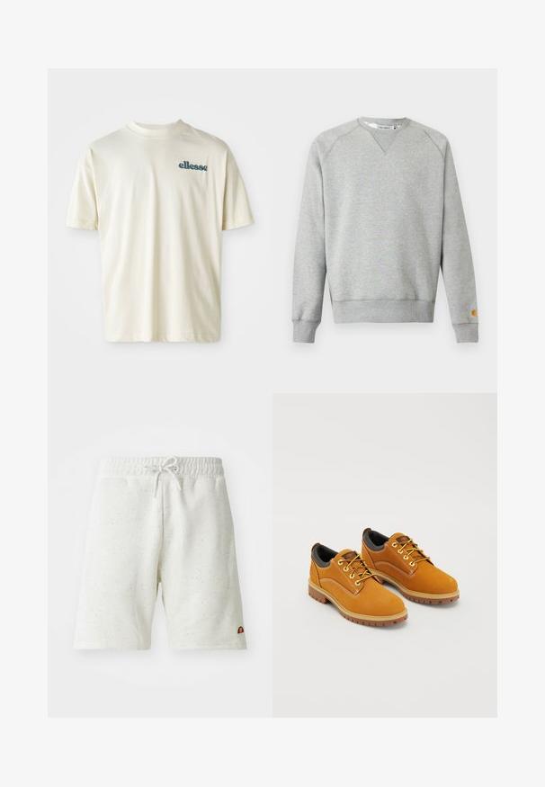 Lichtgrijze crewneck sweater met lange mouwen, geribde manchetten en zoom, en een klein logoplaatje op de linkermouwmanchet.; Crème kleurig shirt met korte mouwen, gemaakt van zacht materiaal, met een ronde hals en een klein groen geborduurd "ellesse" logo op de linker borst.; Witte shorts met een gespikkelde textuur, gemaakt van een zachte stof, voorzien van een elastische tailleband en een trekkoord. Klein logo op de zoom.; Bruine suède schoenen met een ronde neus, gele veters, een gewatteerde zwarte kraag en rubberen zolen met gripgroeven.