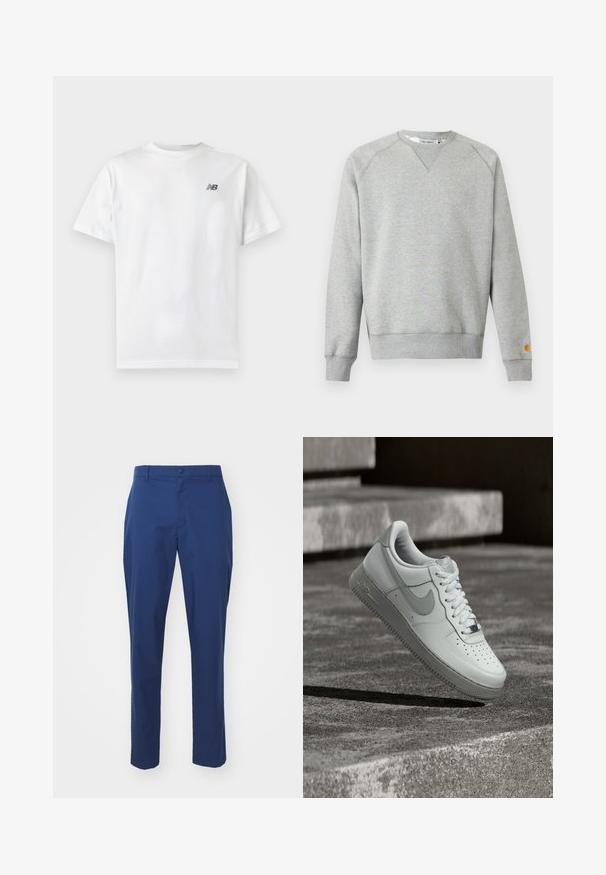 Lichtgrijze crewneck sweater met lange mouwen, geribde manchetten en zoom, en een klein logoplaatje op de linkermouwmanchet.; Witte T-shirt met korte mouwen en ronde hals met een klein zwart New Balance-logo op de linker bovenkant van de borst op een effen lichte achtergrond.; Navyblauwe chinos van gladde stof, met een knoopsluiting, riemlussen en taps toelopende benen. Minimalistisch ontwerp zonder patronen.; Witte Nike Air Force 1 sneaker zwevend boven een geribbelde betonnen ondergrond met stenen traptreden op de achtergrond.