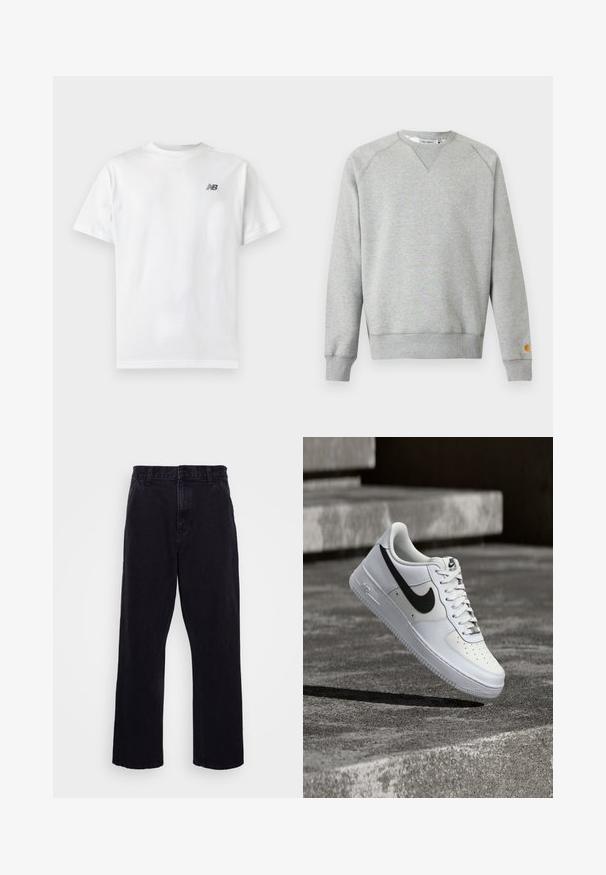 Hellgraues Sweatshirt mit Rundhalsausschnitt, langen Ärmeln, gerippten Bündchen und Saum sowie kleinem Logo-Patch am linken Ärmelbündchen.; Weißes T-Shirt mit kurzen Ärmeln und Rundhalsausschnitt mit kleinem schwarzem New Balance-Logo auf der oberen linken Brust auf einem einfarbigen hellen Hintergrund.; Schwarze Jeanshose mit geradem Bein, ausgestattet mit einem Knopf- und Reißverschluss, Gürtelschlaufen und minimalen Nähdetails.; Weißer Nike Air Force 1 Sneaker mit schwarzem Swoosh, geschnürten Schnürsenkeln, schwebend in der Luft über einer strukturierten Betonoberfläche im Freien.