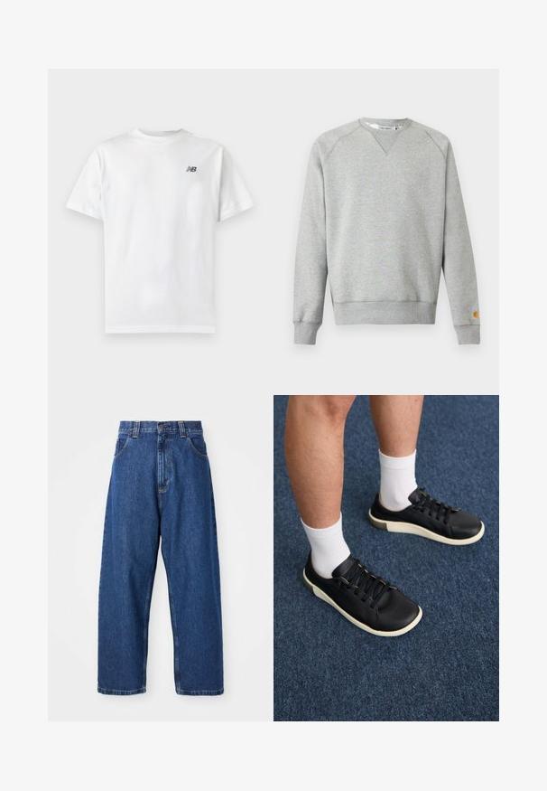 Hellgraues Sweatshirt mit Rundhalsausschnitt, langen Ärmeln, gerippten Bündchen und Saum sowie kleinem Logo-Patch am linken Ärmelbündchen.; Weißes T-Shirt mit kurzen Ärmeln und Rundhalsausschnitt mit kleinem schwarzem New Balance-Logo auf der oberen linken Brust auf einem einfarbigen hellen Hintergrund.; Weite Jeans aus Denim in Dunkelblau. Hohe Taille, Gürtelschlaufen und klassisches Fünf-Taschen-Design. Gestickter Saum mit sauberem Finish.; Schwarze Sneakers aus glattem Leder mit einer weißen Sohle, sechs Ösen mit schwarzen Schnürsenkeln und einem dezenten beigen Akzent an der Ferse.