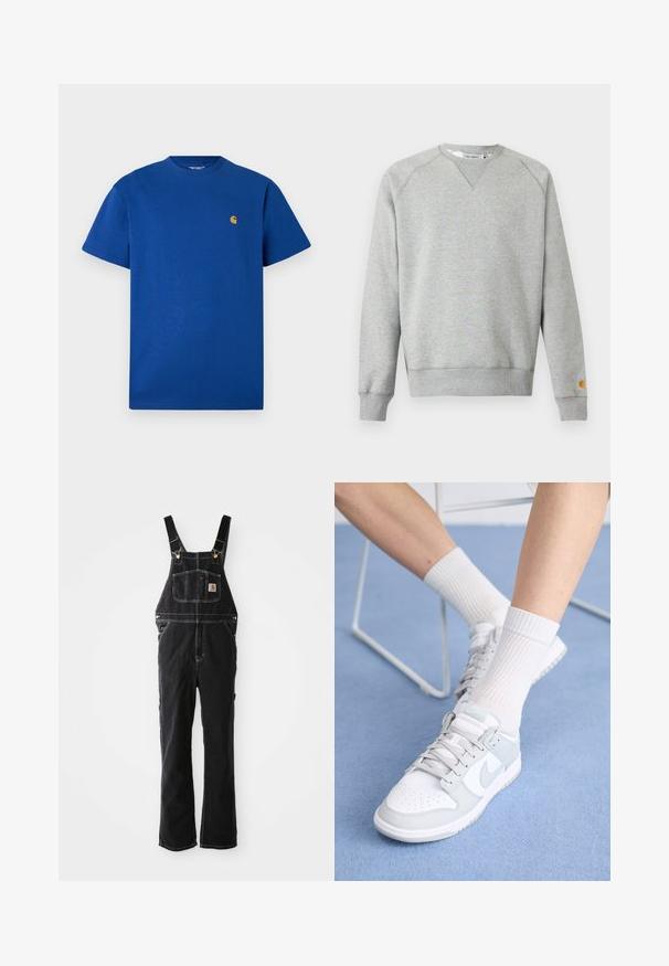 Hellgraues Sweatshirt mit Rundhalsausschnitt, langen Ärmeln, gerippten Bündchen und Saum sowie kleinem Logo-Patch am linken Ärmelbündchen.; Blaues Baumwoll-T-Shirt mit Rundhalsausschnitt, kurzen Ärmeln und einem kleinen goldenen Logo auf der Brust. Glatte Textur und lässige Passform.; Schwarze Denim-Latzhosen mit verstellbaren Trägern, einer Fronttasche und goldenen Hardware-Akzenten. Der Stoff hat ein strukturiertes, widerstandsfähiges Aussehen.; Weiße Sneakers mit hellblauen Akzenten, Obermaterial aus Leder, perforierte Zehenpartie, dicke Schnürsenkel und gerippte weiße Socken vor einem blauen Hintergrund.