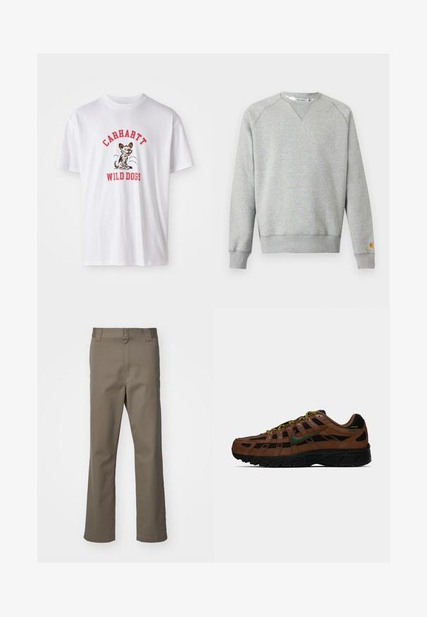 Lysegrå crewneck sweatshir t med lange ærmer, ribbede manchetter og kant, samt lille logo patch på venstre ærmekant.; Hvid bomulds t-shirt med røde broderede tekst "CARHARTT WILD DOGS" og en tegneseriehund grafik foran. Korte ærmer, rund halsudskæring.; Brune lige bukser med bæltestropper, frontlynlås og uden synlige lommer, præsenteret på en hvid baggrund.; Brun og sort lav-top sneakers med grøn Nike swoosh, gule og sorte snørebånd samt sort sål, set fra siden på ensfarvet baggrund.