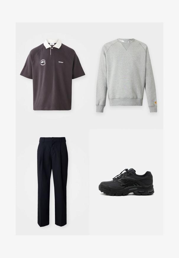 Hellgraues Sweatshirt mit Rundhalsausschnitt, langen Ärmeln, gerippten Bündchen und Saum sowie kleinem Logo-Patch am linken Ärmelbündchen.; Dunkelgrau Poloshirt mit einem weißen Kragen, gesticktem Logo auf der Brust und kurzen Raglanärmeln. Hergestellt aus weichem Material.; Schwarze Hosen mit geradem Schnitt, aus glattem Stoff. Verfügt über einen Bundknopf, Gürtelschlaufen und gefaltete Frontdetails für Struktur.; Schwarzer athletischer Sneaker mit strukturiertem Stoff, dicker gepolsterter Sohle, Luftauslässen und Schnürverschluss, von der Seite auf hellem Hintergrund gezeigt.