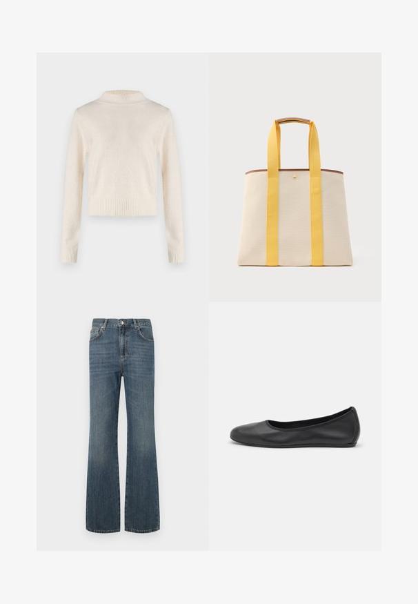 Cremefarbenes, langärmliges Sweater mit hohem Kragen. Weicher Stoff, gerippter Saum und Manschetten. Leichtes Material mit einem leichten Glanz.; Dunkelblaue Jeans aus Denim mit hoher Taille, weitem Bein und fünf Taschen. Mit einem Frontknopf und einem Reißverschluss versehen. Glatte Textur.; Schwarze Leder-Ballettschuhe mit abgerundeter Spitze, glatter Textur, minimalen Nähdetails und einem flexiblen Sohlen-Design.; Beige Leinentasche mit breiten gelben Trägern und braunem Besatz, mit einem kleinen goldenen Knopfverschluss in der oberen Mitte.