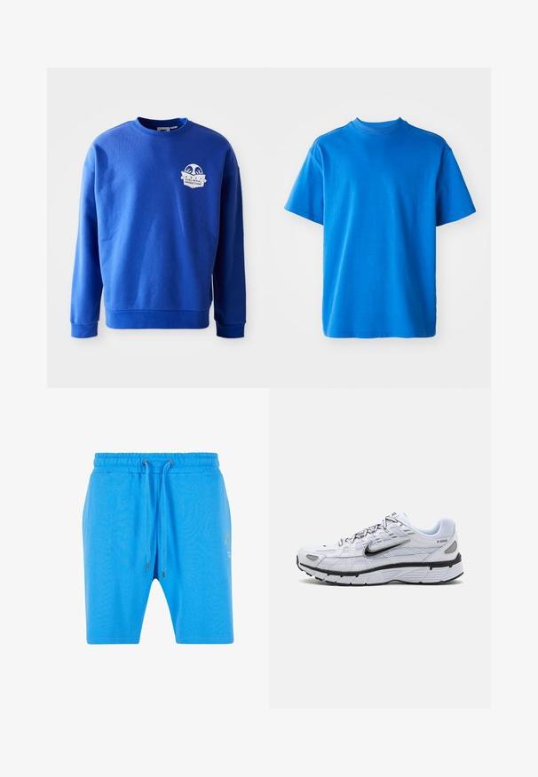 Sudadera azul de algodón con cuello redondo y mangas largas. Presenta un parche de logo blanco en el pecho y puños y dobladillo acanalados.; Camiseta de algodón azul con cuello redondo, mangas cortas y un corte relajado. Textura suave y diseño sencillo sin patrones ni acentos.; Pantalones cortos de algodón azul con una cinturilla elástica, cierre de cordón y un sutil detalle gráfico en el lado. Textura suave y corte holgado.; Zapatilla de running blanca con parte superior de malla, punta redondeada, acentos negros y una suela con patrón. Presenta cordones y una marca en el lateral.