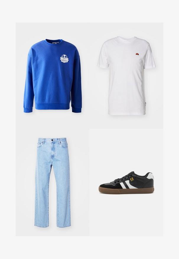 Sweatshirt bleu en coton avec un col rond et des manches longues. Présente un patch logo blanc sur la poitrine et des poignets et un ourlet côtelés.; T-shirt blanc uni à manches courtes avec un petit logo en demi-cercle rouge et orange sur la partie supérieure gauche de la poitrine.; Jean denim bleu clair avec un design à jambe droite, taille haute, style à cinq poches et une fermeture classique à bouton et zip.; Baskets noir et blanc avec une tige en daim et en cuir, présentant des rayures blanches, des lacets noirs et une semelle en caoutchouc marron. Accents de logo dorés.