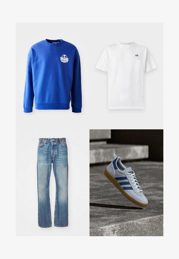 Sudadera azul de algodón con cuello redondo y mangas largas. Presenta un parche de logo blanco en el pecho y puños y dobladillo acanalados.; Camiseta blanca de manga corta con cuello redondo y un pequeño logo negro de New Balance en la parte superior izquierda del pecho sobre un fondo liso y claro.; Jeans de mezclilla azul claro con un diseño clásico de pierna recta, acabado desgastado y costuras visibles en toda su extensión. Presenta bolsillos frontales y trabillas para cinturón.; Zapatilla Adidas Spezial azul claro con rayas azul marino y suela de goma, mostrada en el aire sobre escalones de hormigón en un entorno exterior neutral.
