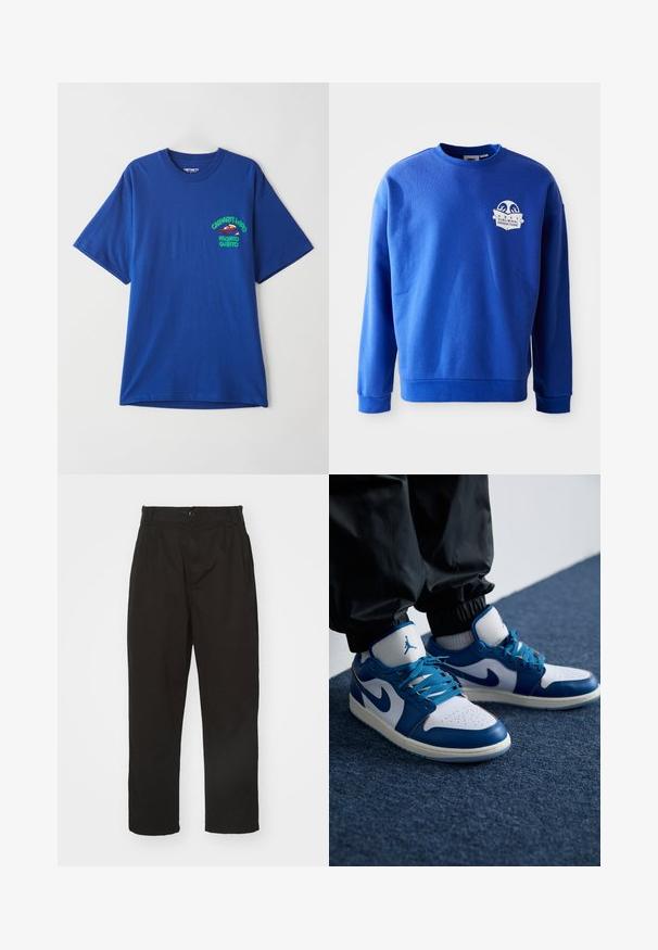 Blauwe sweatshirt van katoen met een ronde hals en lange mouwen. Bevat een witte logopatch op de borst en ribgebreide manchetten en zoom.; Blauw katoenen T-shirt met korte mouwen, voorzien van een bedrukt ontwerp op de linkerborst in groen en rood, met de tekst "Carhartt WIP" en "Pronto Subito".; Zwarte broek van gladde stof, met knoopsluiting, rechte snit en twee voorplooien voor extra detail.; Nike Air Jordan sneakers hebben een witte leren basis met blauwe synthetische accenten, een geperforeerde neusdoos en blauwe veters.