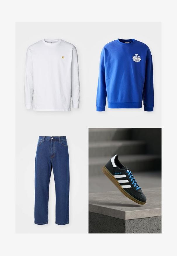 Blauwe sweatshirt van katoen met een ronde hals en lange mouwen. Bevat een witte logopatch op de borst en ribgebreide manchetten en zoom.; Witte lange mouwen t-shirt van katoen. Voorzien van een klein gouden logo op de borst en een ronde hals. Eenvoudig ontwerp en standaard pasvorm.; Hoge taille blauwe jeans van denim, met een rechte pijp silhouet, zichtbare stiksels en een sluiting met een voorknoop.; Zwarte Adidas-sneaker met witte strepen, blauwe veters en een gumzool die boven een grijze betonnen trede zweeft in zacht licht.