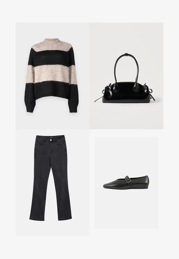 Stribet sweater med høj hals, der har tre vandrette bånd i sort og lys beige. Fremstillet af et blødt, tekstureret strikmateriale.; Sorte lige ben jeans med front- og baglommer, bæltestropper og knaplukning i taljen.; Sorte læder flade sko med spidse tæer, prydet med en metallisk spænde over vristen og en lav, fleksibel sål.; Lille sort blank håndtaske med to lange håndtag og snøre-detaljer i siden på en ensfarvet lys baggrund.