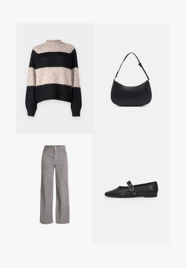 Stribet sweater med høj hals, der har tre vandrette bånd i sort og lys beige. Fremstillet af et blødt, tekstureret strikmateriale.; Grå fløjl bredbenede bukser med knaplukning og bæltestropper. Har to sidelommer og et blødt, tekstureret stof.; Sorte læder flade sko med rund tå, et enkelt justerbart spænde og en glat, blank overflade. Minimalistisk design med en lav hæl.; Pieces PCALUANA SHOULDER BAG - Håndtasker - black