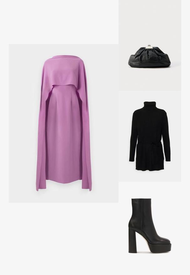 pure cashmere LONG TURTLE NECK - Πουλόβερ - black; Μακριμάνικο φόρεμα από μονόχρωμο λιλά ύφασμα με ρέουσα επικάλυψη σαν κάπα, με στρογγυλή λαιμόκοψη και εφαρμοστή σιλουέτα.; Kazar Studio AUBREY - Μποτάκια με ψηλό τακούνι - black; Μαύρο δερμάτινο τσάντα χειρός με πτυχωτή υφή, μεταλλικό κούμπωμα και διακριτικό ανάγλυφο λογότυπο στο μπροστινό μέρος. Στρογγυλεμένο σχήμα.