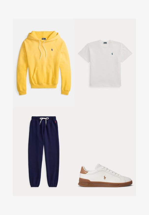 Sudadera con capucha amarilla de algodón, con un bolsillo tipo canguro frontal, cordones y un pequeño logo azul en el pecho izquierdo.; Camiseta blanca de manga corta con cuello redondo y un pequeño logo de jugador de polo azul marino en el pecho izquierdo.; Pantalones jogger azul marino con cintura de cordón blanco y puños elásticos, con pequeño logo rojo bordado cerca del bolsillo izquierdo.; Zapatilla blanca de caña baja con suela y tacón marrones, logotipo de Polo bordado en el lateral y cordones blancos.