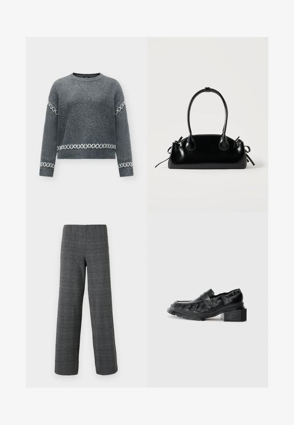 Grijze gebreide trui met lange mouwen en witte kruissteekpatronen op de mouwen, manchetten en vlak bij de zoom, met een ronde halslijn.; Vero Moda VMBERLIN WIDE PANT - Broek - dark grey/black; Zwarte leren instappers met een gestructureerde zool, voorzien van een iets verhoogde blokhak en een textuur bovenkant, bevestigd met een voorkantriem.; Kleine zwarte glanzende handtas met twee lange hengsels en zijkant trekkoord details op een effen lichte achtergrond.