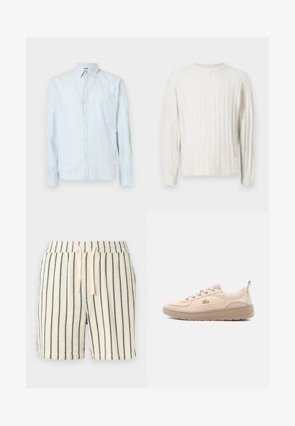 Cremefarbener Pullover mit geripptem Muster, rundem Halsausschnitt und langen Ärmeln. Weicher Stoff mit lockerer Passform.; Hellblaues Button-up-Hemd mit weißen vertikalen Streifen, klassischem Kragen, langen Ärmeln und zwei Knopfakzenten an den Ärmeln.; Helle, cremefarbene Frotteeshorts mit schwarzen vertikalen Streifen und einem elastischen Bund, der cremefarbene Kordelzüge aufweist.; Beige Wildleder-Sneaker mit Schnürung vorne, atmungsaktiven Perforationen, dicker Sohle und Zuglasche an der Ferse, seitlich auf weißem Hintergrund dargestellt.