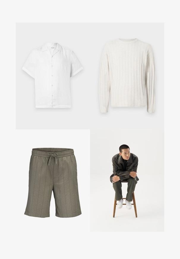 Cremefarvet sweater med ribbet tekstur, rund halsudskæring og lange ærmer. Blødt stof med en afslappet pasform.; Kortærmet hvid skjorte i linned med krave og fem lyse knapper foran; glat tekstur og afslappet pasform.; Herre olivengrønne teksturerede shorts med elastisk taljebånd og snøre foran, knælange og med afslappet fit.; Ung mand i mørk læderjakke og jeans sidder på en træskammel, læner sig fremad med armene krydset og kigger til siden mod hvid baggrund.