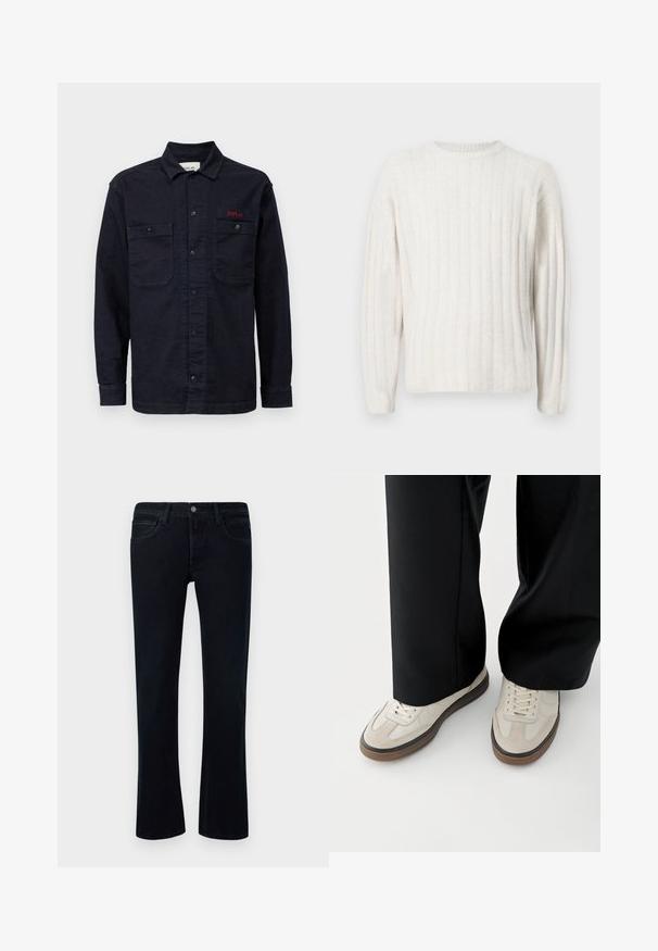 Cremefarvet sweater med ribbet tekstur, rund halsudskæring og lange ærmer. Blødt stof med en afslappet pasform.; Mørkeblå denimskjorte med lange ærmer, knaplukning foran, to brystlommer og et lille rødt "REPLAY" logo på den venstre lomme.; Sorte denim jeans med let flair, fem-lomme-design, bæltestropper og knaplukning på en hvid baggrund.; Fødder iført beige sneakers med brune såler og sorte bukser med vide ben på hvid baggrund.