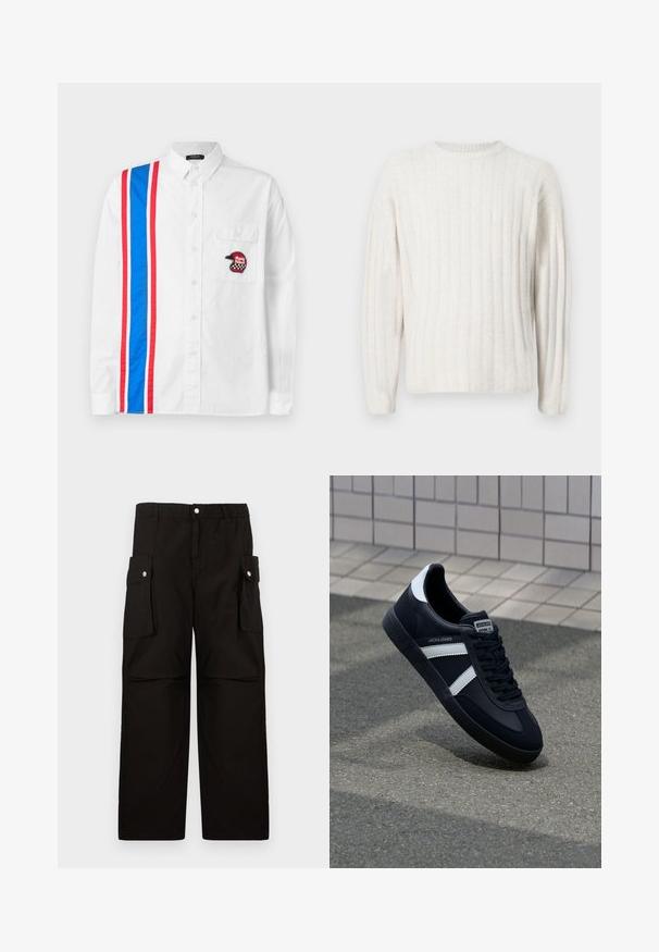 Cremefarbener Pullover mit geripptem Muster, rundem Halsausschnitt und langen Ärmeln. Weicher Stoff mit lockerer Passform.; Weißes Button-up-Hemd mit einem blau-roten Streifenmuster auf einer Seite und einem schwarzen bestickten Helm-Patch auf der Brusttasche.; Schwarze Cargo-Hosen aus weichem Stoff, mit einem elastischen Bund, seitlichen Taschen mit Klappen und einem lockeren, geraden Schnitt.; Schwarze Leder-Sneaker mit weißen Streifen, strukturiertem Gummisohle und Schnürung. Verfügt über ein Markenetikett auf der Zunge.