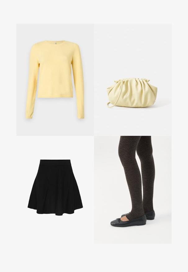 Gul langærmet sweater lavet af blødt stof med rund halsudskæring og ribbet kant, der har en glat tekstur og en afslappet pasform.; Sort A-line nederdel med tilpasset linning, der bredder sig blidt mod kanten, vist på en ens hvid baggrund.; Ben iført mørke ribbede leggings kombineret med sorte balletsko med små sløjfedetaljer på hvid baggrund.; Gul plisseret håndtaske lavet af glat kunstlæder, med en blød form, en enkelt skulderrem og samlet topdesign.