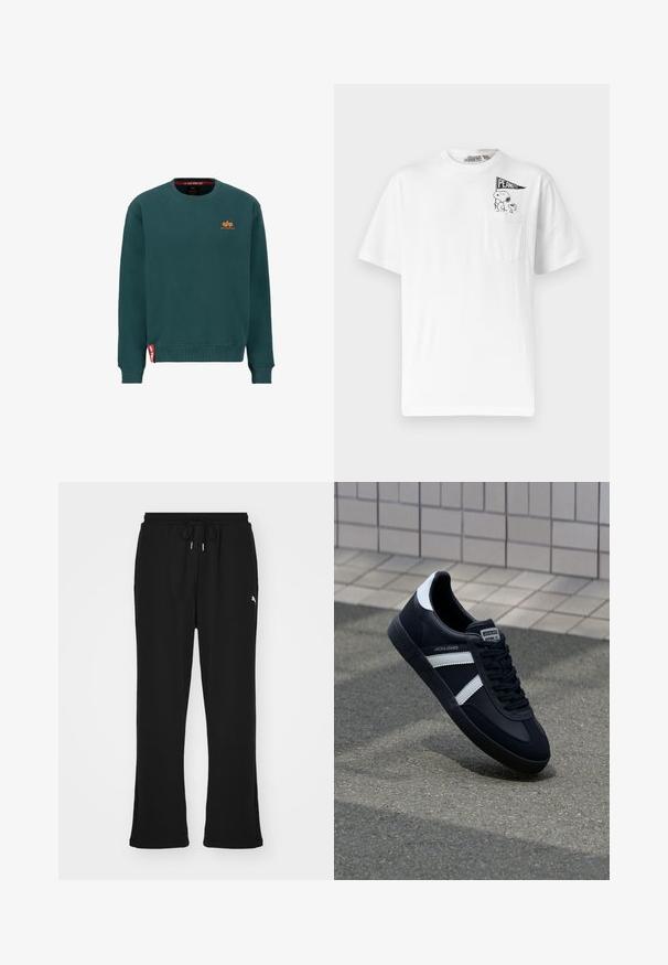 Tume teali puuvillasegu crewneck-sweater. Omab oranži logo't rinnal, soonikkoesid ning punast etiketti allservas.; Valge lühikeste varrukatega T-särk vasakul rinnal väikese taskuga, kus on kujutatud Snoopy ja Woodstock kandmas "PEANUTS" lippu.; Mustad mustad püksid elastse vöökoha ja paeluugiga, küljetaskud ja peen logo vasakul jalal. Pehme kangas, laienev lõige.; Must have musta sneaker musta valgete triipudega, tekstuurne kummitald ja nööridega esiosa. Omab bränditud märki keele peal.