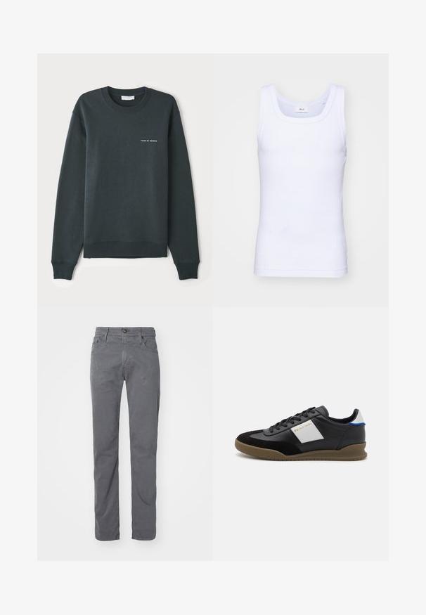 Mørkegrøn sweatshirt med rund hals, lange ærmer, ribbede manchetter og kant, med et hvidt tekstlogo "TIGER OF SWEDEN" på brystet.; Hvid bomulds ærmeløs tanktop med rund halsudskæring, der har en glat tekstur og en tætsiddende pasform, designet til casual brug.; Grå bomuldsbukser med lige ben, fem lommer, bæltestropper og knaplukning. Glat tekstur med minimale synlige folder.; Sorte læder- og ruskinds sneakers med en grå panel, brun gummisål og blå detaljer på hælen. Har snørebånd og præget logo.