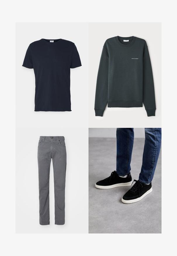 Donkergroene sweatshirt, met een ronde hals, lange mouwen, ribgebreide manchetten en onderrand, met een witte tekstlogo "TIGER OF SWEDEN" op de borst.; Navyblauwe katoenen t-shirt met ronde hals en korte mouwen, met een gladde textuur en eenvoudig ontwerp, zonder zichtbare patronen of accenten.; Grijze katoenen broek met rechte pijpen, vijf zakken, lussen voor een riem en een knoopsluiting. Gladde textuur met minimale zichtbare kreukels.; Zwarte suede sneakers met een witte rubberen zool, met een klassiek low-top ontwerp, een ronde neus en flat zwarte veters.