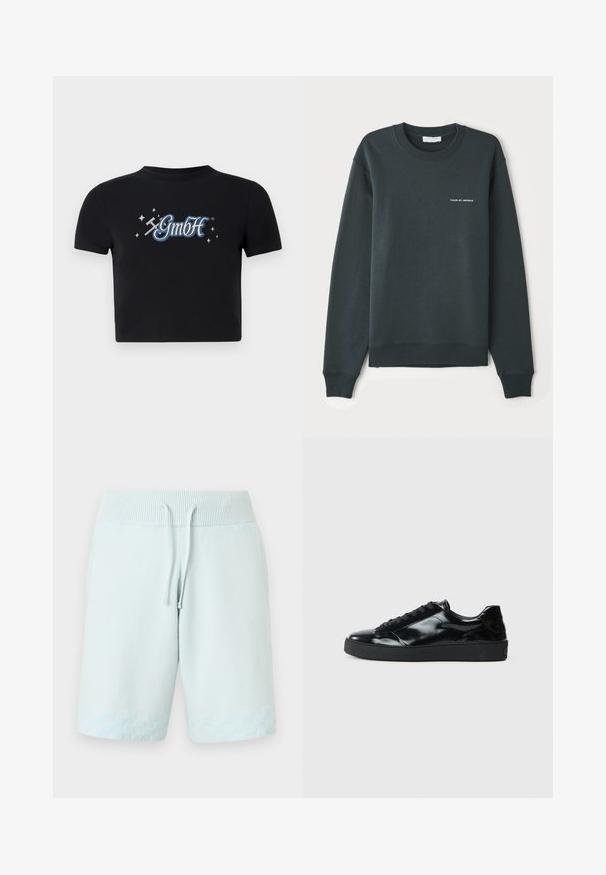 Mørkegrøn sweatshirt med rund hals, lange ærmer, ribbede manchetter og kant, med et hvidt tekstlogo "TIGER OF SWEDEN" på brystet.; Sort cropped t-shirt lavet af bomuld med en rund halsudskæring, prydet med et blåt og hvidt "GmbH" logo omgivet af små stjerner, trykt på forsiden.; Lyseblå strikkede shorts med ribbet talje, justerbar snørre og subtilt ternet mønster nær kanten.; Sorte laklæder sneakers med rund tå, snørredesign, tekstureret gummisål og en glat overflade.