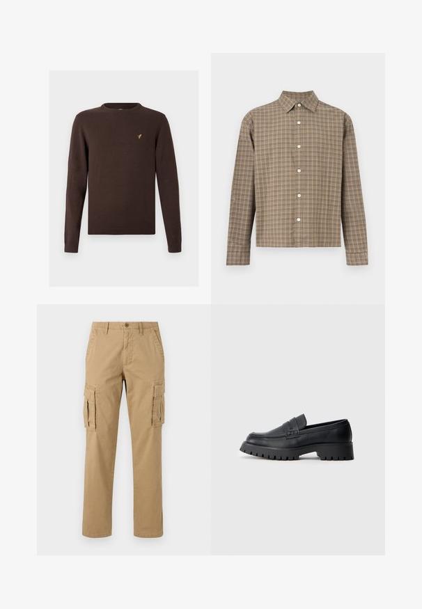 Brun strikket sweater med lange ærmer, rund halsudskæring og ribstrikkede kanter. Har et lille guld fuglelogo på brystet.; Langærmet skjorte med knapper, i brunt og beige ternet mønster, klassisk krave og hvide knapper ned foran.; Beige cargobukser med to sidelommer, knaplukning, lige ben og et blødt, tekstureret stof.; Sorte læder loafers med en rund tå, prydet med en dekorativ rem og en kraftig gummisål med dybe riller for grip.