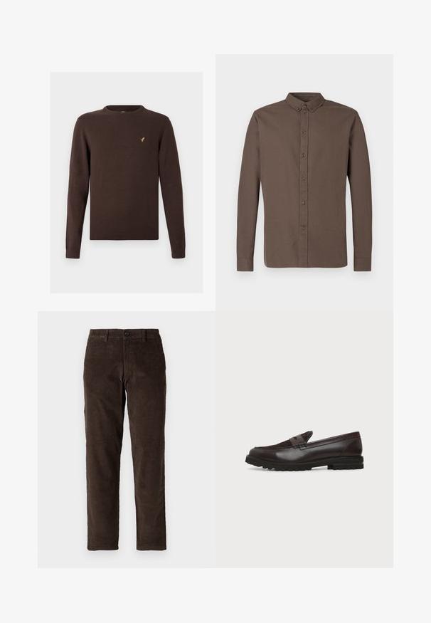 Brun strikket sweater med lange ærmer, rund halsudskæring og ribstrikkede kanter. Har et lille guld fuglelogo på brystet.; Mørkebrun langærmet skjorte med knapper, der har en klassisk krave, otte knapper foran og en glat, letvægts stoftekstur.; Brune fløjl bukser med lige ben design, der har en frontlukning med knap og standard bæltestropper. Glat tekstur og klassisk snit.; Mørkebrun læder- og ruskindspenny loafer med kraftig sort gummisål, sideprofil på hvid baggrund.