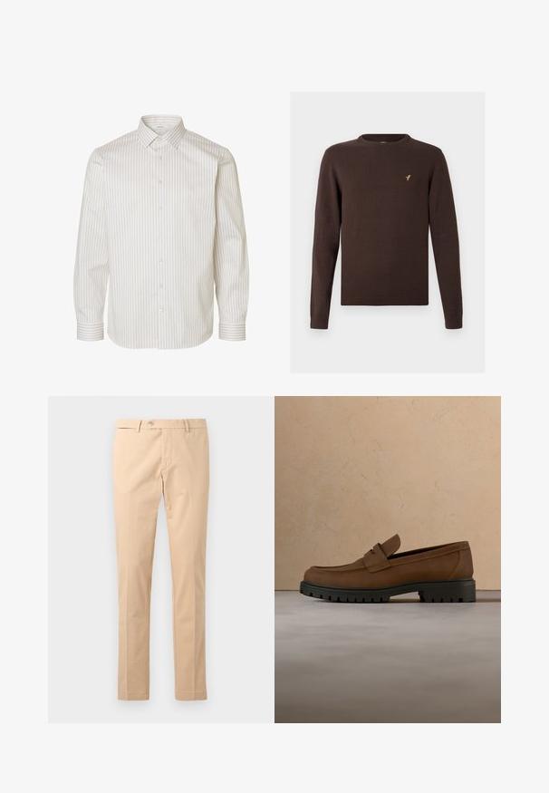 Brun strikket sweater med lange ærmer, rund halsudskæring og ribstrikkede kanter. Har et lille guld fuglelogo på brystet.; Hvid skjorte med lange ærmer med beige lodrette striber, knapper foran, spids krave og manchetter med knapper.; Beige herre bukser med slank pasform, lukning med knap og lynlås, bæltestropper og forlommer, vist på en ensfarvet hvid baggrund.; Mørkebrune læderloafer med tyk sort gummisål vist over en beige tæppe- og sofa baggrund.