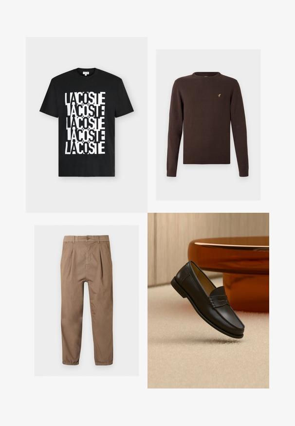 Pull marron tricoté à manches longues, col rond et ourlets côtelés. Présente un petit logo d'oiseau doré sur la poitrine.; T-shirt noir à manches courtes avec un logo Lacoste blanc audacieux répété verticalement dans un motif superposé sur le devant.; Pantalon marron fuselé avec fermeture à boutons, plis sur le devant, poches latérales, passants pour ceinture et bas élastiqués aux chevilles.; Chaussure mocassin en cuir noir suspendue au-dessus d’un tapis beige avec du mobilier moderne couleur ambre en arrière-plan.