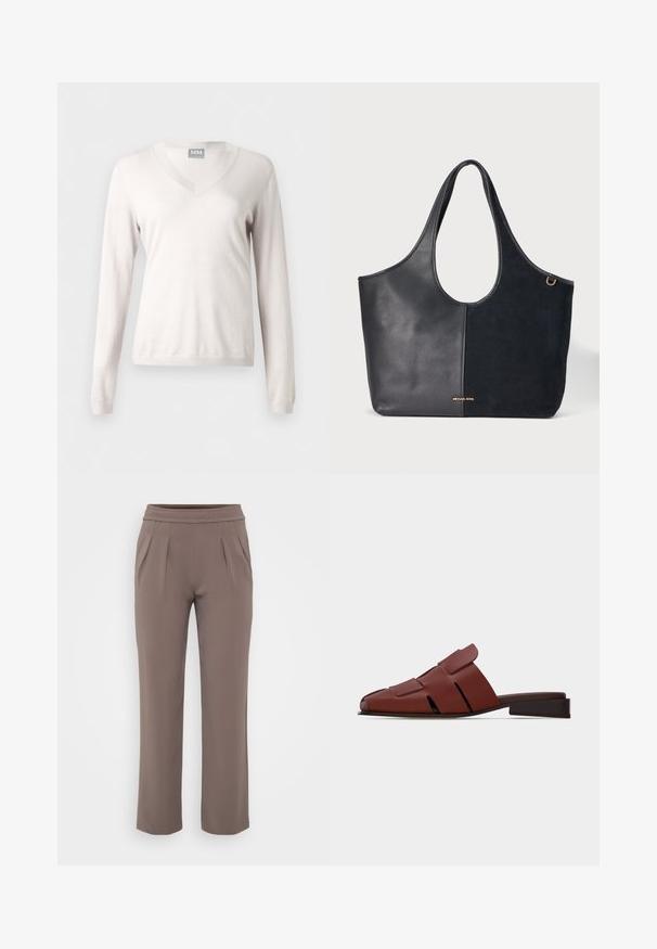 Hvid langærmet V-hals trøje med ribbet kant ved ærmer og nederkant, vist på en ensartet lys baggrund.; Taupe løs-fit bukser med elastisk talje og frontfald, lavet af glat stof.; Brun læder slip-on sandal med udskæringsdetaljer og flad lav hæl, sidevisning på ensartet lys baggrund.; Sort tote-taske med tekstureret læder på den ene side og glat ruskind på den anden, med rundt håndtag og lille gyldent mærkelogo.
