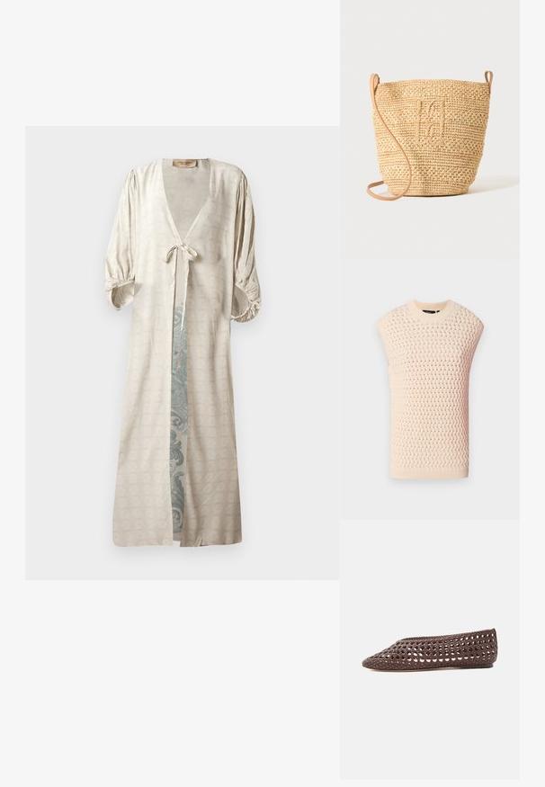 Ärmelloses Strickoberteil in hellbeige, mit strukturiertem Webmuster, geripptem Hals- und Saumabschluss, gerader Silhouette und offenen Seiten.; Seidiger, cremefarbener Kimono-Robenstil mit tiefem V-Ausschnitt, tailliertem Gürtel und gepufften Ärmeln. Besitzt ein aufwendiges, teal-farbenes Muster im Inneren.; Brauner flacher Schuh mit gewebtem Durchbruchmuster und geschlossenem rundem Zeh, seitlich auf hellem Hintergrund gezeigt.; Gewebte Strohbucket-Tasche mit strukturiertem Muster und Lederriemen, aufrecht stehend vor einem schlichten hellen Hintergrund.