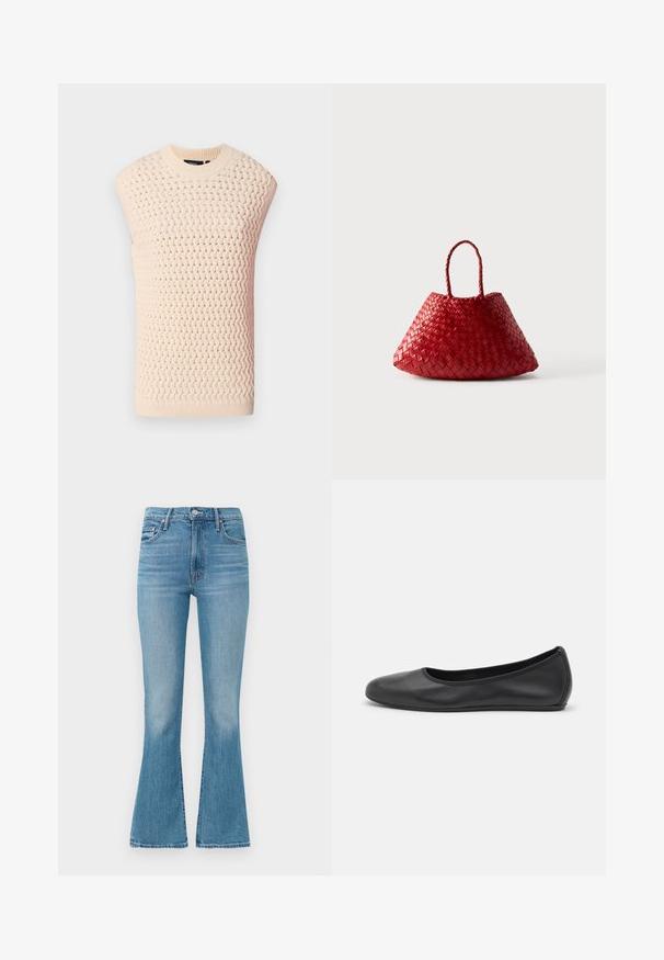 Strik uden ærmer i lys beige, med tekstureret vævet mønster, ribbestrikket halsudskæring og kant, lige silhuet og åbne sider.; Lysblå flagrende jeans lavet af denim, med høj talje, fem-lomme design og minimalistisk syning med en falmet finish i kanten.; Sort læderballetsko med rund tå, glat tekstur, minimal syning og et fleksibelt såldesign.; Rød vævet lædertaske med en rundet, trekantet form og to flettede håndtag på hvid baggrund.