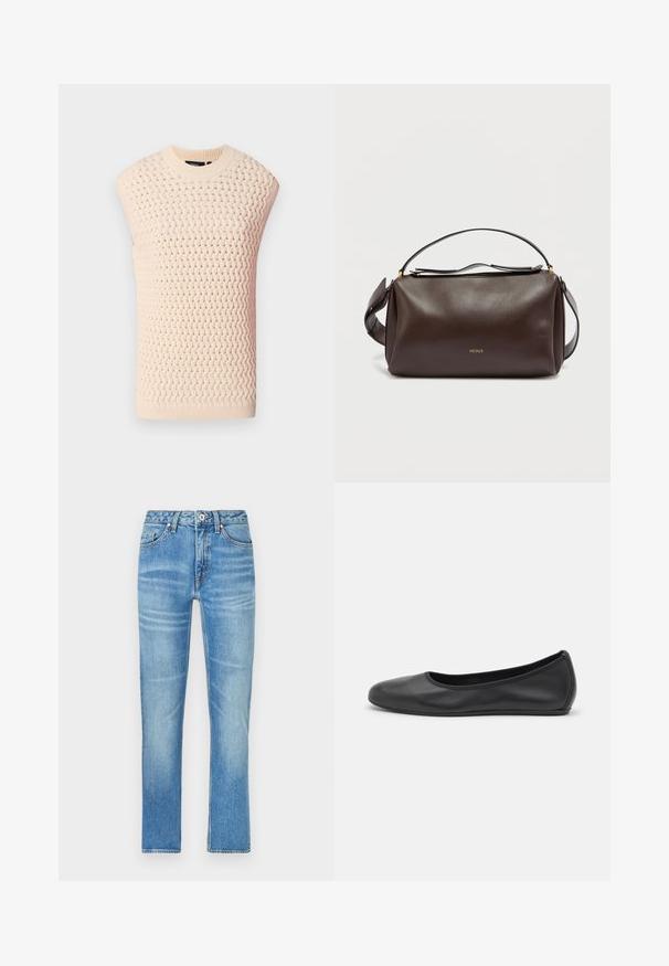 Top sin mangas de punto en un beige claro, con patrón tejido texturizado, cuello y dobladillo acanalados, silueta recta y lados abiertos.; Jeans de denim azul claro con corte recto, que cuentan con bolsillos frontales, cierre de botón y un ligero desgaste en la tela.; Bailarina de piel negra con punta redondeada, textura suave, detalle de costura minimalista y diseño de suela flexible.; Bolso de hombro de cuero marrón con un diseño estructurado, que presenta un logo dorado, cierre superior con cremallera y una correa desmontable. Textura suave.