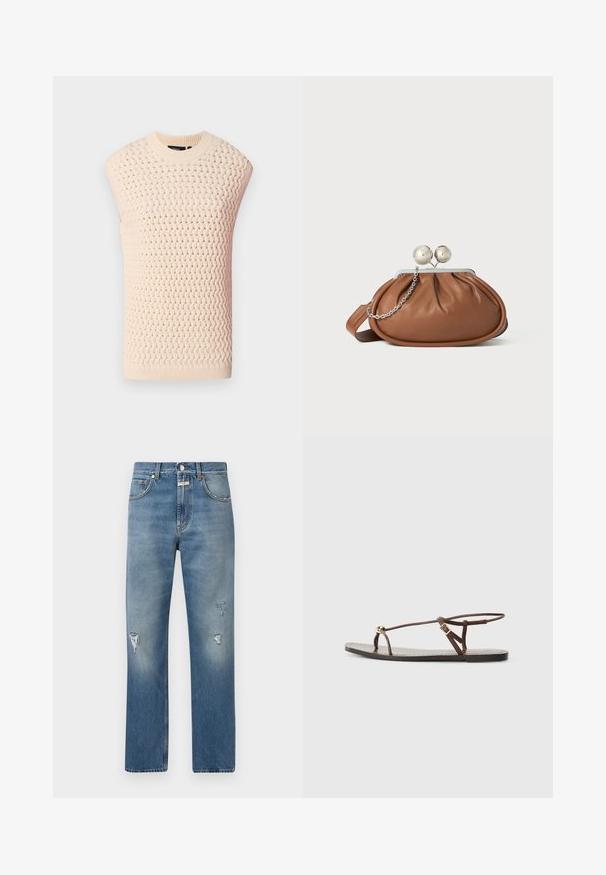 Gebreid mouwloos topje in lichtbeige, met een textuur geweven patroon, geribbelde halslijn en zoom, met een rechte pasvorm en open zijkanten.; Lichtblauwe denim jeans met een losse fit, voorzien van versleten patches en een rits. Klassiek vijf-pocket ontwerp en rechte pijpen.; Bruine leren sandaal met dunne banden, een gouden cirkelaccent en een platte zool. Minimalistisch ontwerp met een verstelbare gesp.; Bruine leren clutch met een zilveren balsluiting en een klein zilveren kettingdetail op een witte achtergrond.