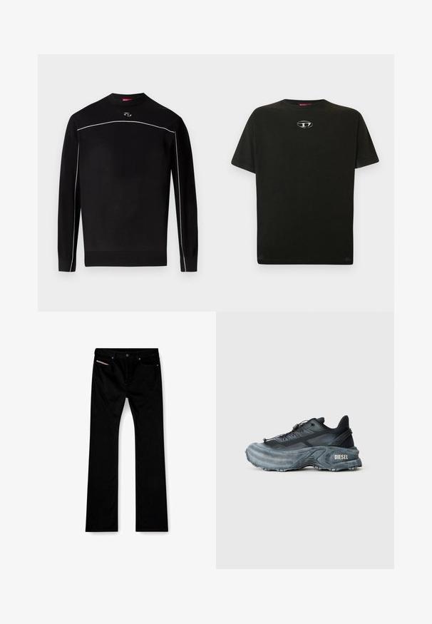 Pull-over en maille noire à manches longues avec liseré blanc sur la poitrine et les manches, poignets et ourlet côtelés, et petit logo ovale sous le col.; T-shirt en coton noir à manches courtes, col rond, avec un petit logo métallique sur la poitrine. Texture lisse et coupe droite.; Jeans noirs à jambe droite avec bouton et fermeture éclair à l'avant, poches avant et arrière, et une étiquette blanche visible dans la poche avant droite.; Baskets Diesel noires et grises avec semelle épaisse, système de laçage à bascule et design texturé sur fond gris clair uni.