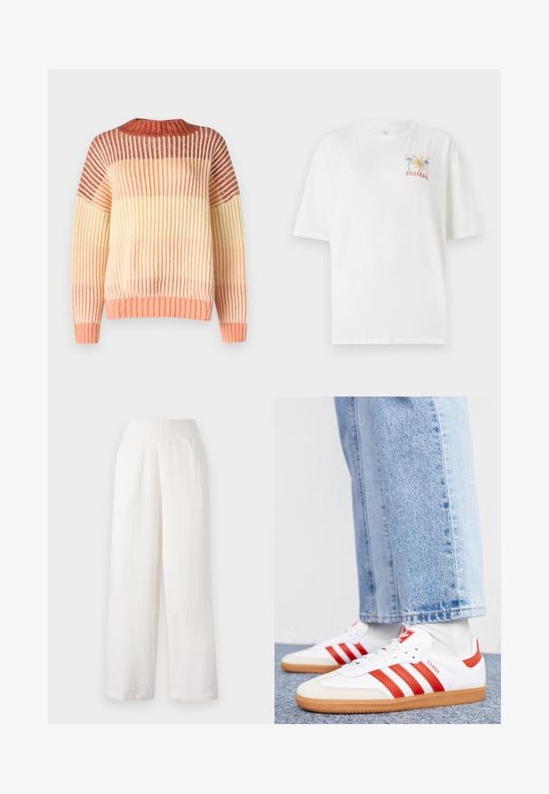 Rip Curl SOLEIL - Pullover - burnt red; T-shirt en coton blanc à coupe décontractée, avec un logo coloré de Billabong représentant des palmiers et l'année "1973" brodé sur la poitrine gauche.; Pantalons larges blancs en tissu texturé et froissé. Dotés d'une taille élastique et de poches latérales pour plus de commodité.; Baskets en cuir blanc avec des rayures et des accents rouges. Dotées d'une semelle extérieure en gomme texturée et d'un col rembourré. Portées avec un jean en denim bleu clair.