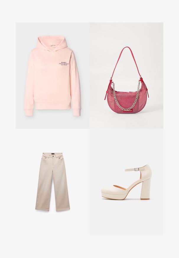 helepunane kapuutsiga dressipluus esitasku, pikad varrukad ja must "GANT American Sportswear New Haven" kiri vasakul rinnal.; Beige laiad jalgadega puuvillased püksid, millel on sile tekstuur. Omab viit taskut, vöölukke ja hõbedast kinnitusdetailid ees.; Kreemivärvi platvormisaapad ümarate säärede ja reguleeritava pahkluu rihmaga. Omab paksu plokknurka kerge puidust aktsendiga.; Punane perforeeritud käekott, millel on kaarjas kuju, hõbedase kettaktsendiga ja sobiva õlavöödiga. Logo on esiosas nähtav.
