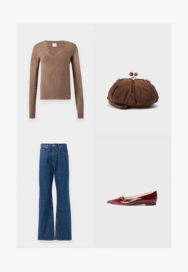 Pull marron à manches longues avec col en V, poignets côtelés et petite étiquette cousue à l'encolure.; Jean flare en denim bleu avec taille haute, comportant cinq poches, une fermeture à bouton en métal argenté et des accents de couture visibles.; Ballerines en cuir verni bordeaux avec un bout pointu, présentant un petit détail découpé et un petit talon. Texture lisse et design épuré.; Petit sac poignet en daim marron doux avec cadre en métal argenté et boules rondes marron de fermeture sur fond clair uni.